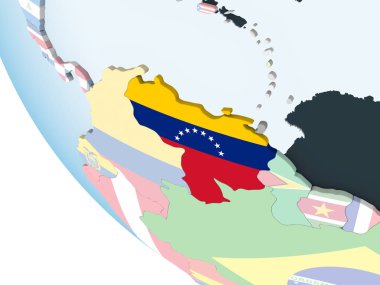 Venezuela katıştırılmış bayrak ile parlak siyasi dünya üzerinde. 3D çizim.