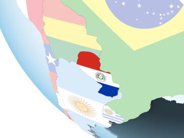 Paraguay katıştırılmış bayrak ile parlak siyasi dünya üzerinde. 3D çizim.