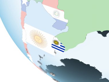 Uruguay katıştırılmış bayrak ile parlak siyasi dünya üzerinde. 3D çizim.