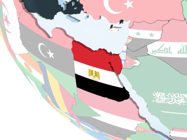 Mısır katıştırılmış bayrak ile parlak siyasi dünya üzerinde. 3D çizim.