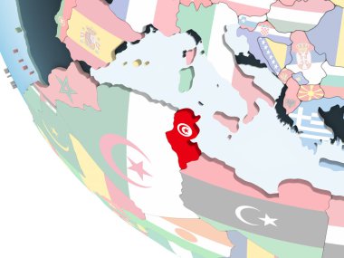 Tunus katıştırılmış bayrak ile parlak siyasi dünya üzerinde. 3D çizim.