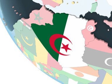 Cezayir katıştırılmış bayrak ile parlak siyasi dünya üzerinde. 3D çizim.
