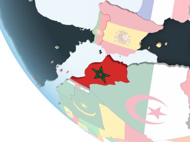 Fas katıştırılmış bayrak ile parlak siyasi dünya üzerinde. 3D çizim.