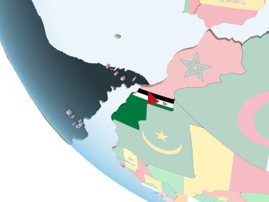 Batı Sahra katıştırılmış bayrak ile parlak siyasi dünya üzerinde. 3D çizim.
