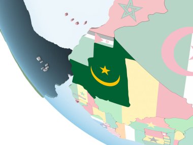 Moritanya katıştırılmış bayrak ile parlak siyasi dünya üzerinde. 3D çizim.