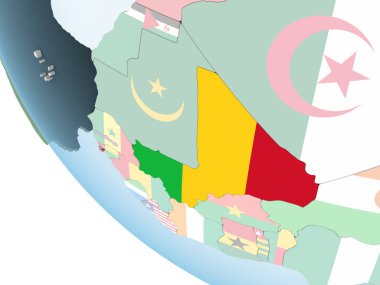 Mali katıştırılmış bayrak ile parlak siyasi dünya üzerinde. 3D çizim.