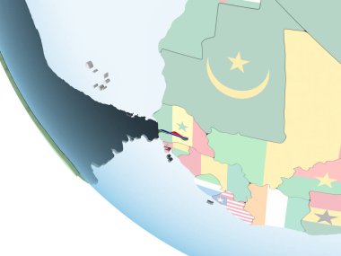 Gambiya katıştırılmış bayrak ile parlak siyasi dünya üzerinde. 3D çizim.