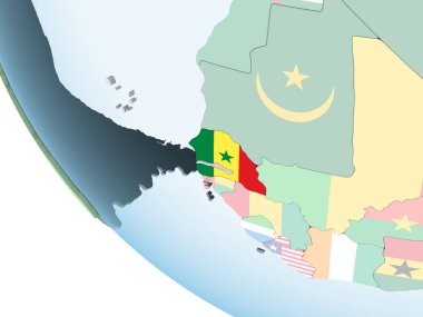 Senegal katıştırılmış bayrak ile parlak siyasi dünya üzerinde. 3D çizim.