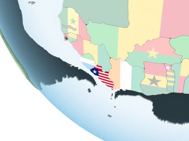 Liberya katıştırılmış bayrak ile parlak siyasi dünya üzerinde. 3D çizim.