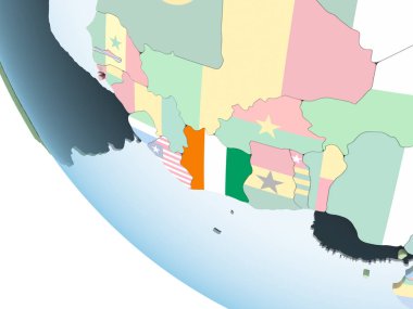 Fildişi Sahili katıştırılmış bayrak ile parlak siyasi dünya üzerinde. 3D çizim.