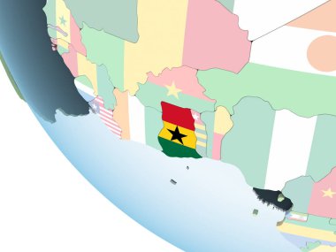 Gana katıştırılmış bayrak ile parlak siyasi dünya üzerinde. 3D çizim.