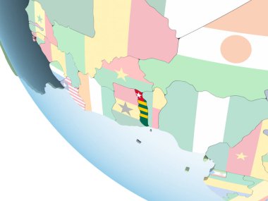 Togo katıştırılmış bayrak ile parlak siyasi dünya üzerinde. 3D çizim.