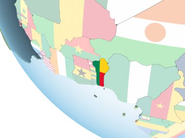 Benin katıştırılmış bayrak ile parlak siyasi dünya üzerinde. 3D çizim.