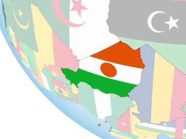 Nijer katıştırılmış bayrak ile parlak siyasi dünya üzerinde. 3D çizim.