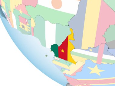 Kamerun katıştırılmış bayrak ile parlak siyasi dünya üzerinde. 3D çizim.
