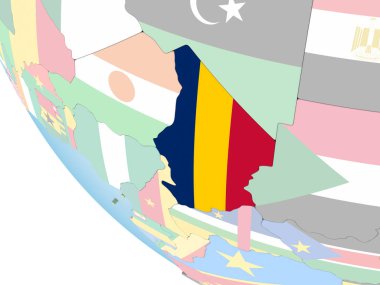 Chad katıştırılmış bayrak ile parlak siyasi dünya üzerinde. 3D çizim.