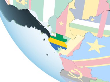 Gabon katıştırılmış bayrak ile parlak siyasi dünya üzerinde. 3D çizim.
