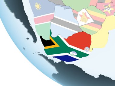 Güney Afrika katıştırılmış bayrak ile parlak siyasi dünya üzerinde. 3D çizim.