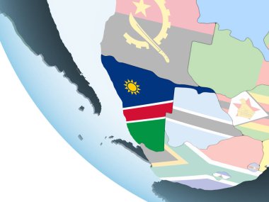 Namibya katıştırılmış bayrak ile parlak siyasi dünya üzerinde. 3D çizim.