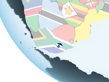 Lesotho katıştırılmış bayrak ile parlak siyasi dünya üzerinde. 3D çizim.
