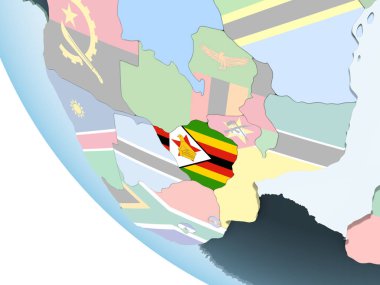 Zimbabve katıştırılmış bayrak ile parlak siyasi dünya üzerinde. 3D çizim.