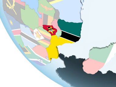Mozambik katıştırılmış bayrak ile parlak siyasi dünya üzerinde. 3D çizim.