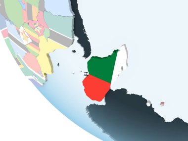 Madagaskar katıştırılmış bayrak ile parlak siyasi dünya üzerinde. 3D çizim.