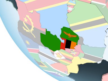 Zambiya katıştırılmış bayrak ile parlak siyasi dünya üzerinde. 3D çizim.