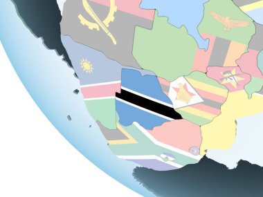 Botsvana katıştırılmış bayrak ile parlak siyasi dünya üzerinde. 3D çizim.