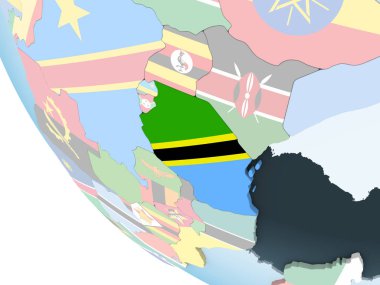 Tanzanya katıştırılmış bayrak ile parlak siyasi dünya üzerinde. 3D çizim.