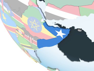 Somali katıştırılmış bayrak ile parlak siyasi dünya üzerinde. 3D çizim.