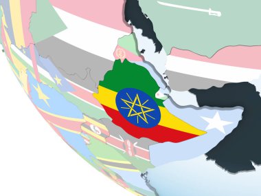 Etiyopya katıştırılmış bayrak ile parlak siyasi dünya üzerinde. 3D çizim.