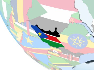 Güney Sudan katıştırılmış bayrak ile parlak siyasi dünya üzerinde. 3D çizim.