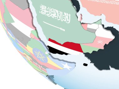 Yemen katıştırılmış bayrak ile parlak siyasi dünya üzerinde. 3D çizim.