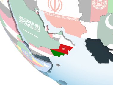 Umman katıştırılmış bayrak ile parlak siyasi dünya üzerinde. 3D çizim.