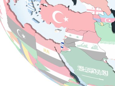 İsrail katıştırılmış bayrak ile parlak siyasi dünya üzerinde. 3D çizim.