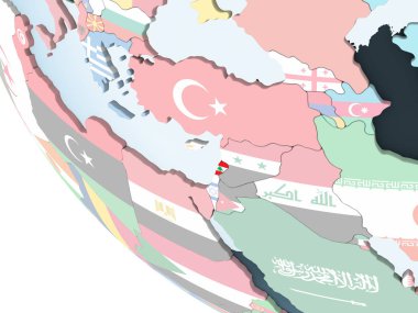 Lübnan katıştırılmış bayrak ile parlak siyasi dünya üzerinde. 3D çizim.