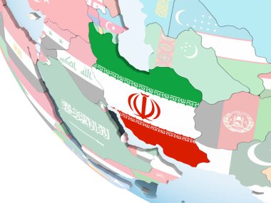 Iran katıştırılmış bayrak ile parlak siyasi dünya üzerinde. 3D çizim.