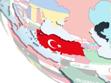 Türkiye katıştırılmış bayrak ile parlak siyasi dünya üzerinde. 3D çizim.