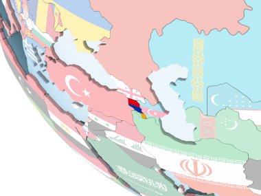 Ermenistan katıştırılmış bayrak ile parlak siyasi dünya üzerinde. 3D çizim.