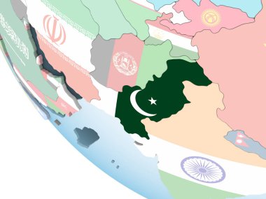 Pakistan katıştırılmış bayrak ile parlak siyasi dünya üzerinde. 3D çizim.
