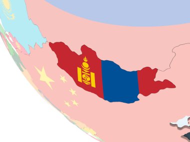 Moğolistan katıştırılmış bayrak ile parlak siyasi dünya üzerinde. 3D çizim.