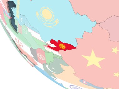 Kırgızistan katıştırılmış bayrak ile parlak siyasi dünya üzerinde. 3D çizim.
