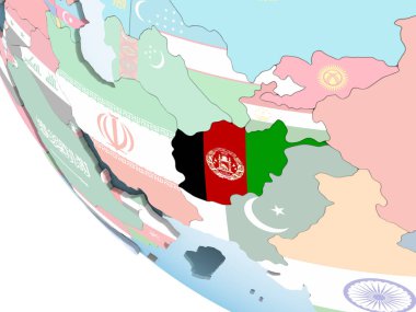 Afganistan katıştırılmış bayrak ile parlak siyasi dünya üzerinde. 3D çizim.