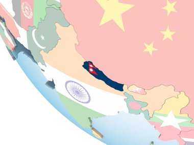 Nepal katıştırılmış bayrak ile parlak siyasi dünya üzerinde. 3D çizim.
