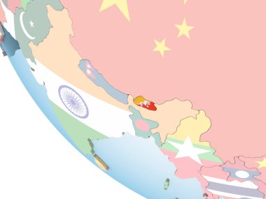 Bhutan katıştırılmış bayrak ile parlak siyasi dünya üzerinde. 3D çizim.