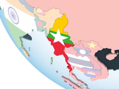Myanmar katıştırılmış bayrak ile parlak siyasi dünya üzerinde. 3D çizim.