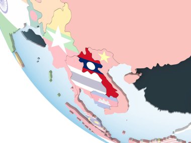 Laos katıştırılmış bayrak ile parlak siyasi dünya üzerinde. 3D çizim.