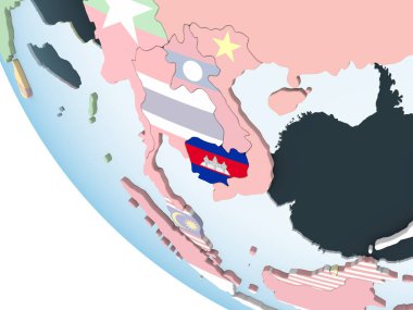 Kamboçya katıştırılmış bayrak ile parlak siyasi dünya üzerinde. 3D çizim.