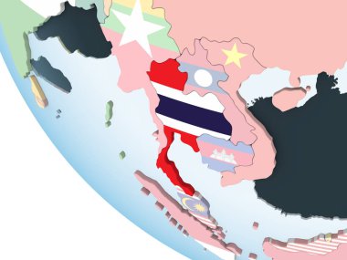 Tayland katıştırılmış bayrak ile parlak siyasi dünya üzerinde. 3D çizim.